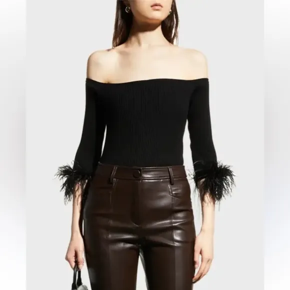 Milly - Black Off-The-Shoulder Faux Feather Trim Ribbed Sweater - Sz Medium, EUC
