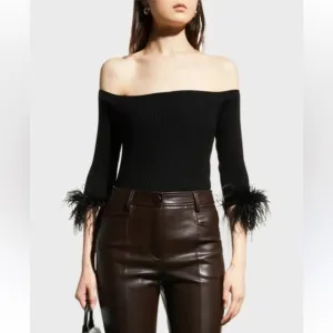 Milly - Black Off-The-Shoulder Faux Feather Trim Ribbed Sweater - Sz Medium, EUC