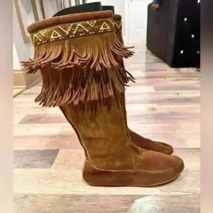 MInnatonka Women's Dusty Brown Suede 2 Layer Fringe Knee High Boot Moccasins