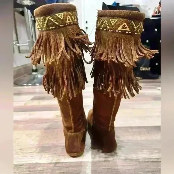 MInnatonka Women's Dusty Brown Suede 2 Layer Fringe Knee High Boot Moccasins