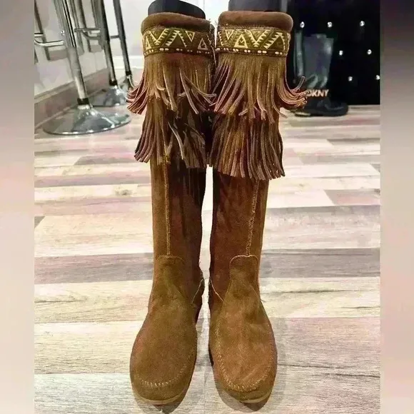 MInnatonka Women's Dusty Brown Suede 2 Layer Fringe Knee High Boot Moccasins