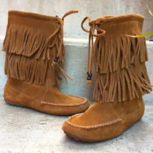 Minnetonka (6) Cognac Suede Tramper Mid-Calf Double Fringe Moccasins Boots