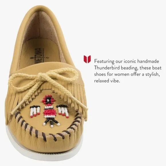 Minnetonka &quot;Thunderbird Animikii Moccasin Boat Shoe&quot; Beaded Leather | Women's 10