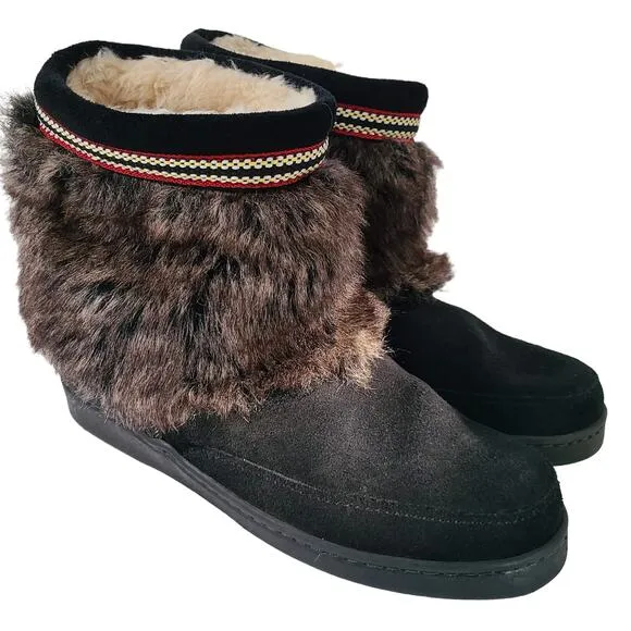 MINNETONKA Black Suede Faux Fur Sherpa Lined Ankle Moccasins 3779X Women's 9