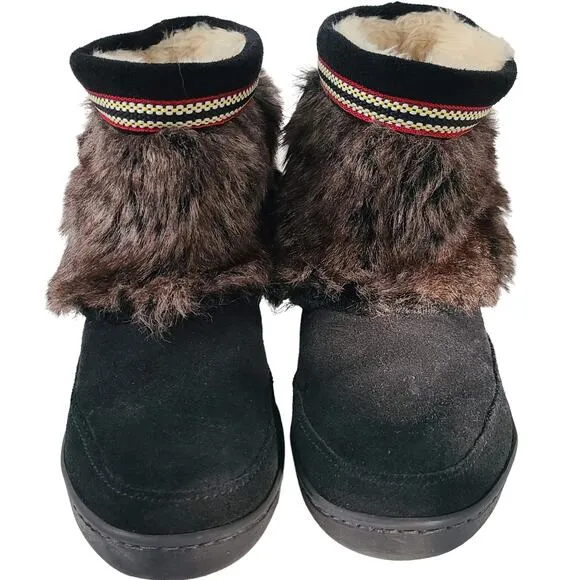 MINNETONKA Black Suede Faux Fur Sherpa Lined Ankle Moccasins 3779X Women's 9