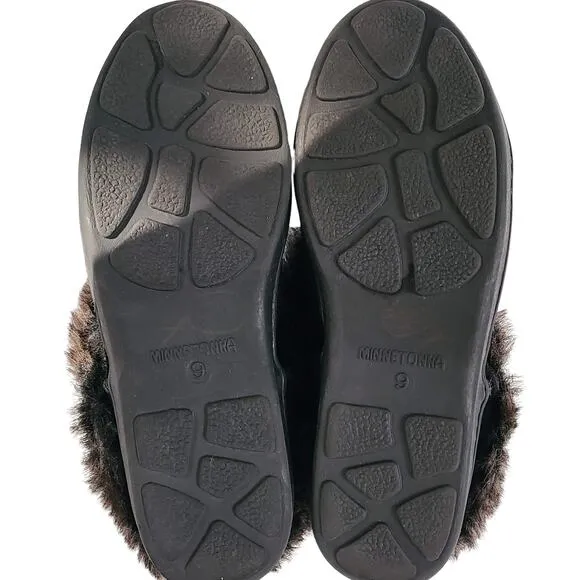 MINNETONKA Black Suede Faux Fur Sherpa Lined Ankle Moccasins 3779X Women's 9