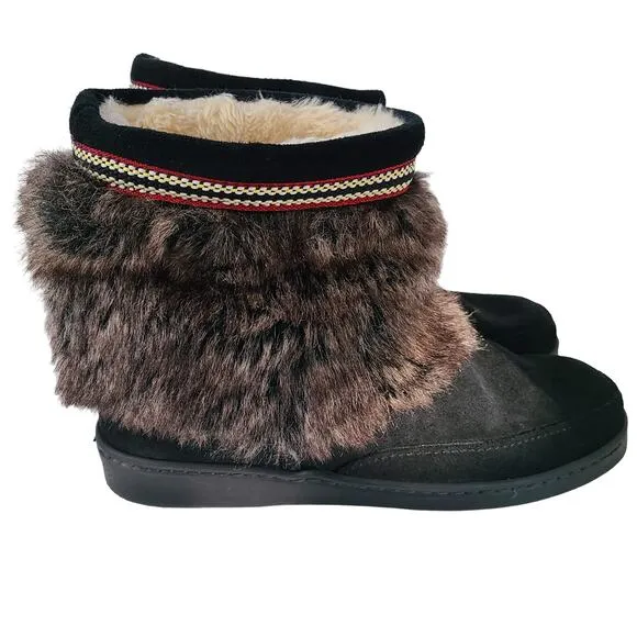 MINNETONKA Black Suede Faux Fur Sherpa Lined Ankle Moccasins 3779X Women's 9