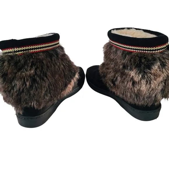 MINNETONKA Black Suede Faux Fur Sherpa Lined Ankle Moccasins 3779X Women's 9