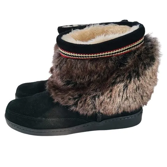 MINNETONKA Black Suede Faux Fur Sherpa Lined Ankle Moccasins 3779X Women's 9