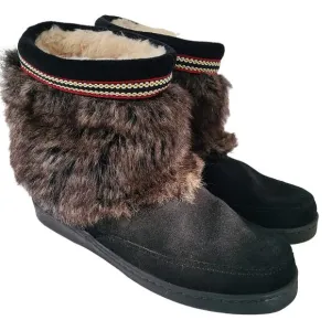 MINNETONKA Black Suede Faux Fur Sherpa Lined Ankle Moccasins 3779X Women's 9