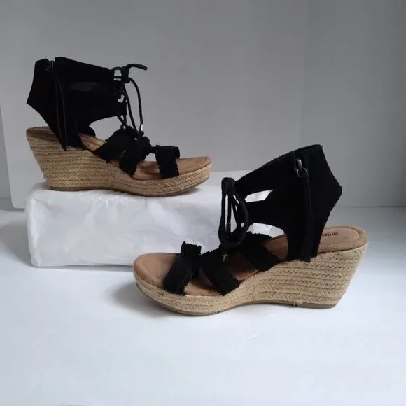 Minnetonka Black Suede Gladiator Style Wedge Sandals with Tassles &amp; Fringes Sz8