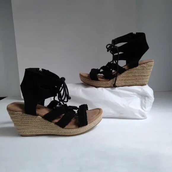 Minnetonka Black Suede Gladiator Style Wedge Sandals with Tassles &amp; Fringes Sz8
