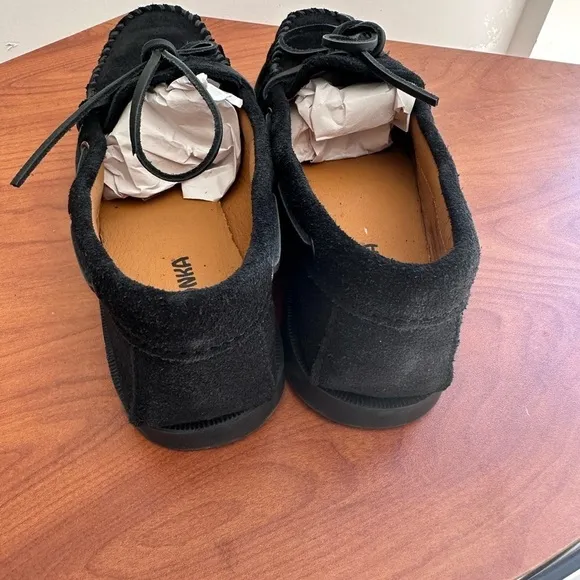 Minnetonka Black Suede Leather Slip-On Boat Shoes, Moccasins, Mens Size 7.5