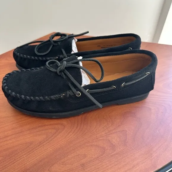 Minnetonka Black Suede Leather Slip-On Boat Shoes, Moccasins, Mens Size 7.5
