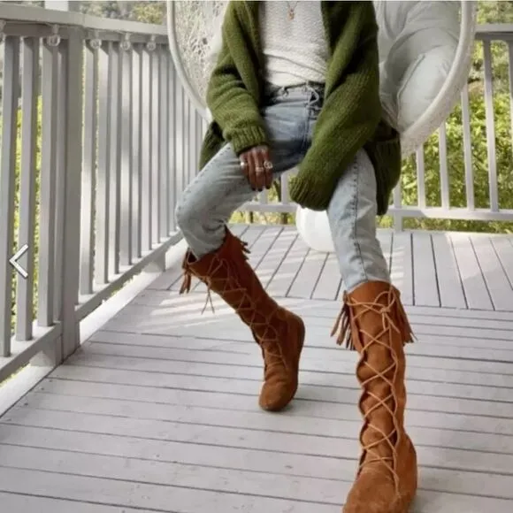 Minnetonka Brown Lace Front Knee High Suede Fringe Moccasins Festival Boots Sz 7