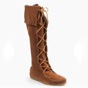 Minnetonka Brown Lace Front Knee High Suede Fringe Moccasins Festival Boots Sz 7