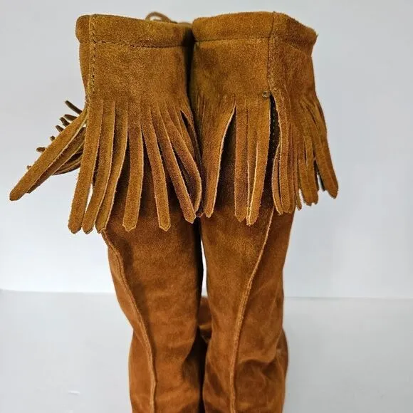 Minnetonka Brown Lace Front Knee High Suede Fringe Moccasins Festival Boots Sz 7