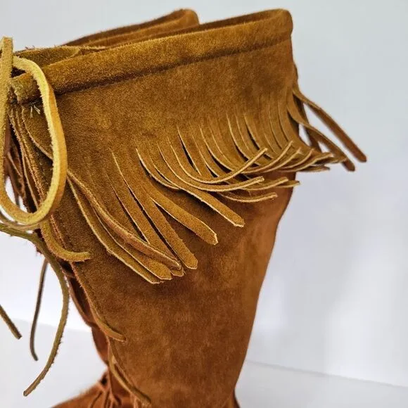 Minnetonka Brown Lace Front Knee High Suede Fringe Moccasins Festival Boots Sz 7