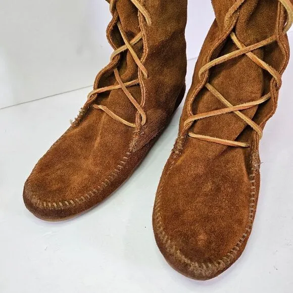 Minnetonka Brown Lace Front Knee High Suede Fringe Moccasins Festival Boots Sz 7