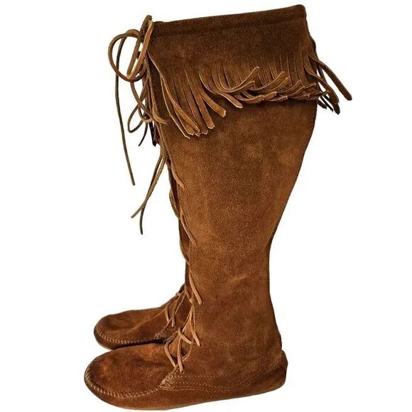 Minnetonka Brown Lace Front Knee High Suede Fringe Moccasins Festival Boots Sz 7