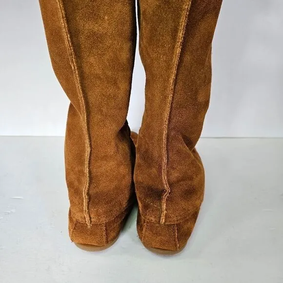 Minnetonka Brown Lace Front Knee High Suede Fringe Moccasins Festival Boots Sz 7