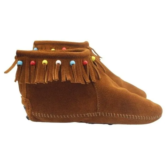 Minnetonka Brown Suede Leather Beaded Fringe Ankle Driving Moccasins Size 8