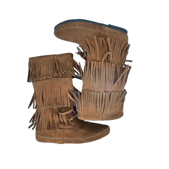 Minnetonka Brown Suede Moccasin Calf Boots 3 Layer Fringe Size 9 Style 1632