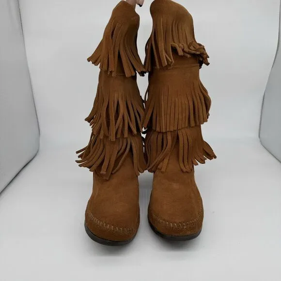 Minnetonka Brown Suede Moccasin Calf Boots 3 Layer Fringe Size 9 Style 1632