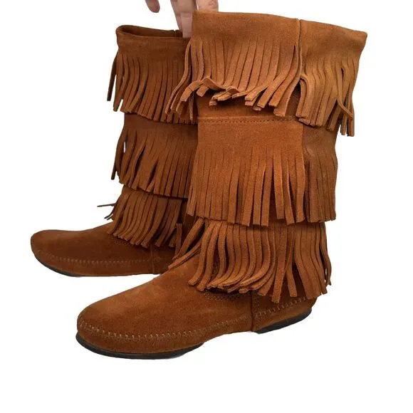 Minnetonka Brown Suede Moccasin Calf Boots 3 Layer Fringe Size 9 Style 1632