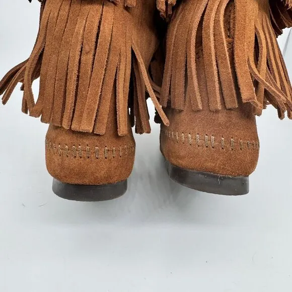 Minnetonka Brown Suede Moccasin Calf Boots 3 Layer Fringe Size 9 Style 1632