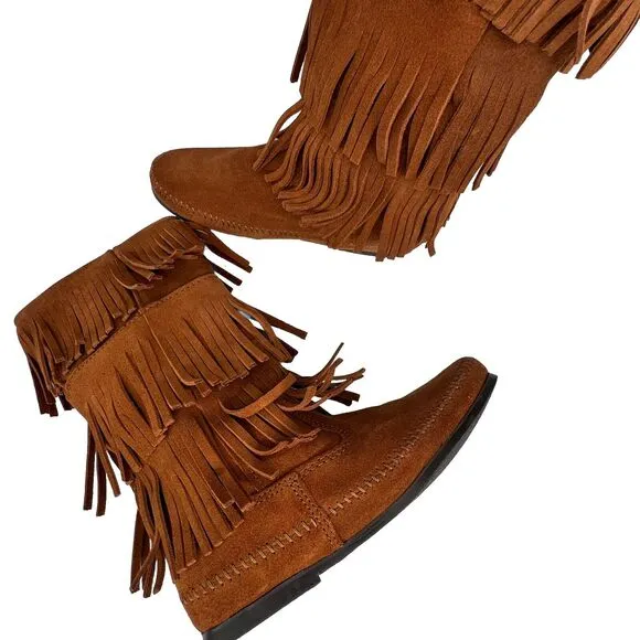 Minnetonka Brown Suede Moccasin Calf Boots 3 Layer Fringe Size 9 Style 1632