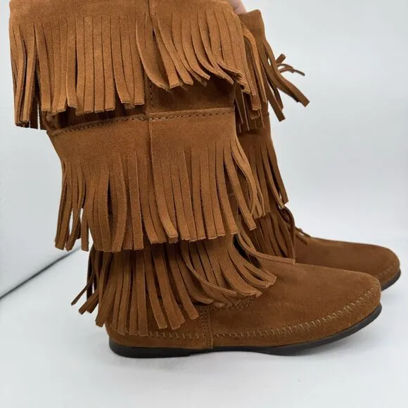 Minnetonka Brown Suede Moccasin Calf Boots 3 Layer Fringe Size 9 Style 1632