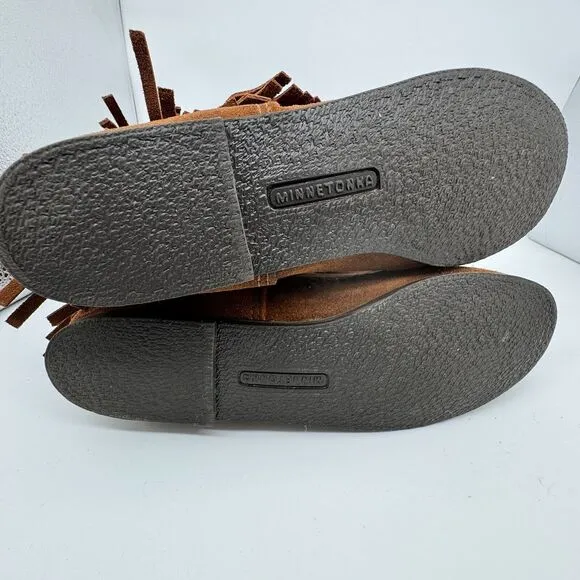 Minnetonka Brown Suede Moccasin Calf Boots 3 Layer Fringe Size 9 Style 1632