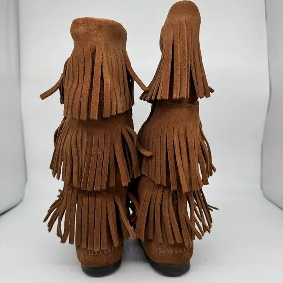 Minnetonka Brown Suede Moccasin Calf Boots 3 Layer Fringe Size 9 Style 1632