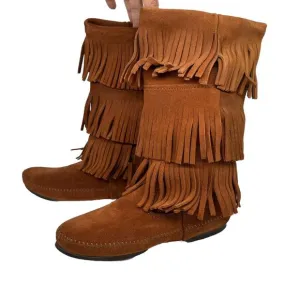 Minnetonka Brown Suede Moccasin Calf Boots 3 Layer Fringe Size 9 Style 1632