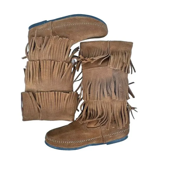 Minnetonka Brown Suede Moccasin Calf Boots 3 Layer Fringe Size 9 Style 1632