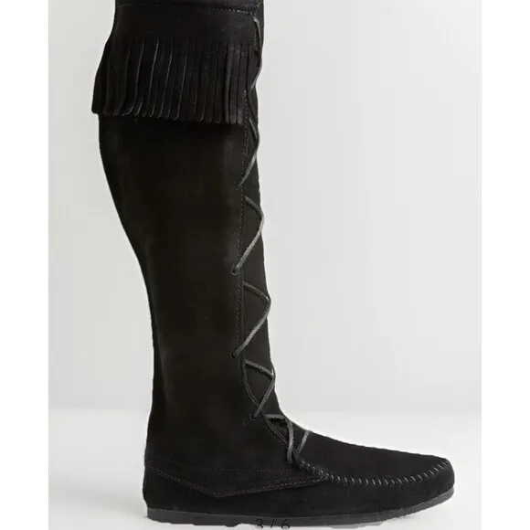 Minnetonka Front Lace Fringe Knee High Boot Moccasins Black Leather Suede Size 7