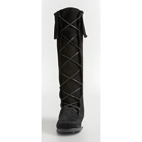 Minnetonka Front Lace Fringe Knee High Boot Moccasins Black Leather Suede Size 7