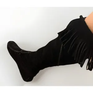 Minnetonka Front Lace Fringe Knee High Boot Moccasins Black Leather Suede Size 7