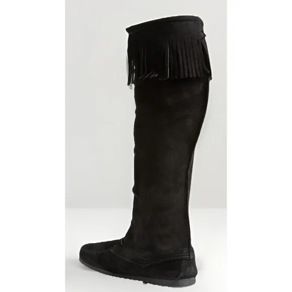 Minnetonka Front Lace Fringe Knee High Boot Moccasins Black Leather Suede Size 7