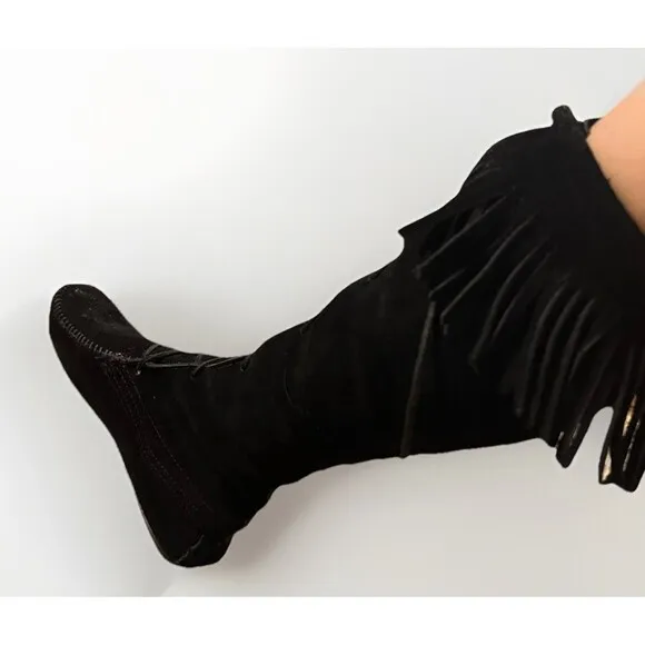 Minnetonka Front Lace Fringe Knee High Boot Moccasins Black Leather Suede Size 7