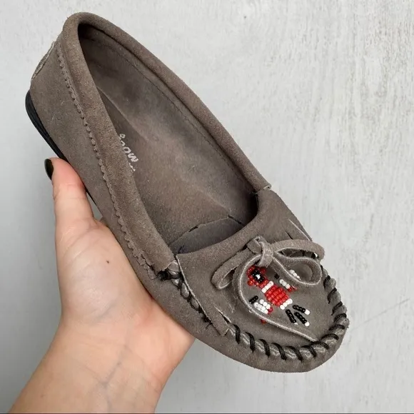 Minnetonka Gray Suede Moccasins | Beaded Slip-On Flats with Bow