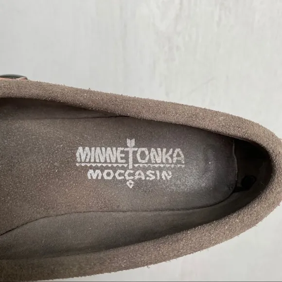 Minnetonka Gray Suede Moccasins | Beaded Slip-On Flats with Bow