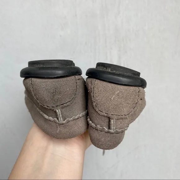 Minnetonka Gray Suede Moccasins | Beaded Slip-On Flats with Bow