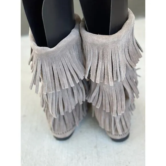 Minnetonka Moccasins 3 Layer Fringe Boot Brown Suede 1632 Calf High Boots Size 8