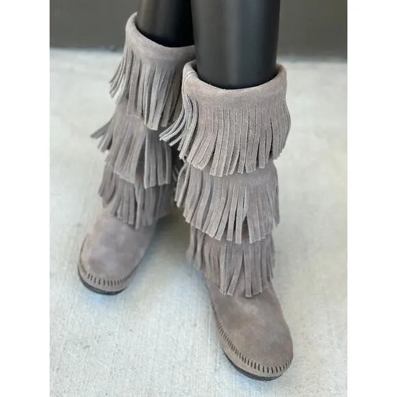 Minnetonka Moccasins 3 Layer Fringe Boot Brown Suede 1632 Calf High Boots Size 8