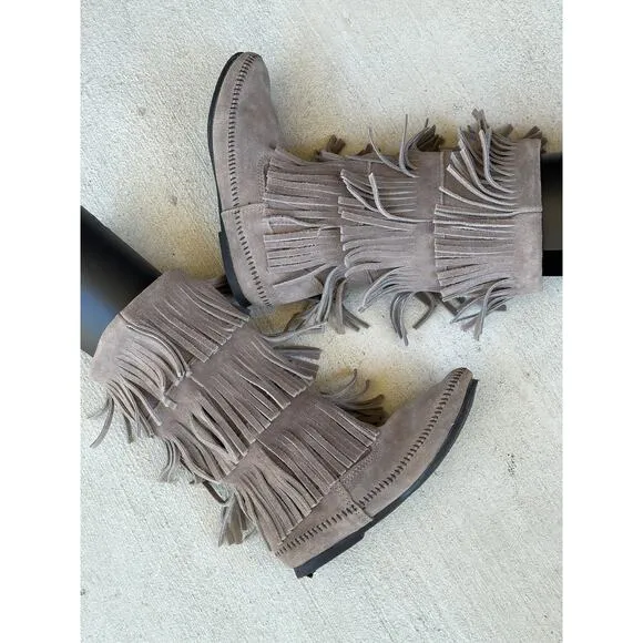 Minnetonka Moccasins 3 Layer Fringe Boot Brown Suede 1632 Calf High Boots Size 8