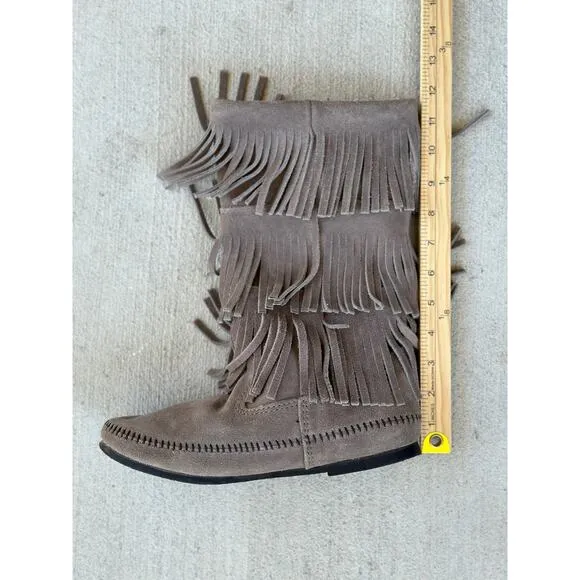 Minnetonka Moccasins 3 Layer Fringe Boot Brown Suede 1632 Calf High Boots Size 8
