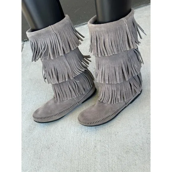 Minnetonka Moccasins 3 Layer Fringe Boot Brown Suede 1632 Calf High Boots Size 8