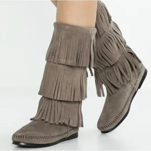 Minnetonka Moccasins 3 Layer Fringe Boot Brown Suede 1632 Calf High Boots Size 8